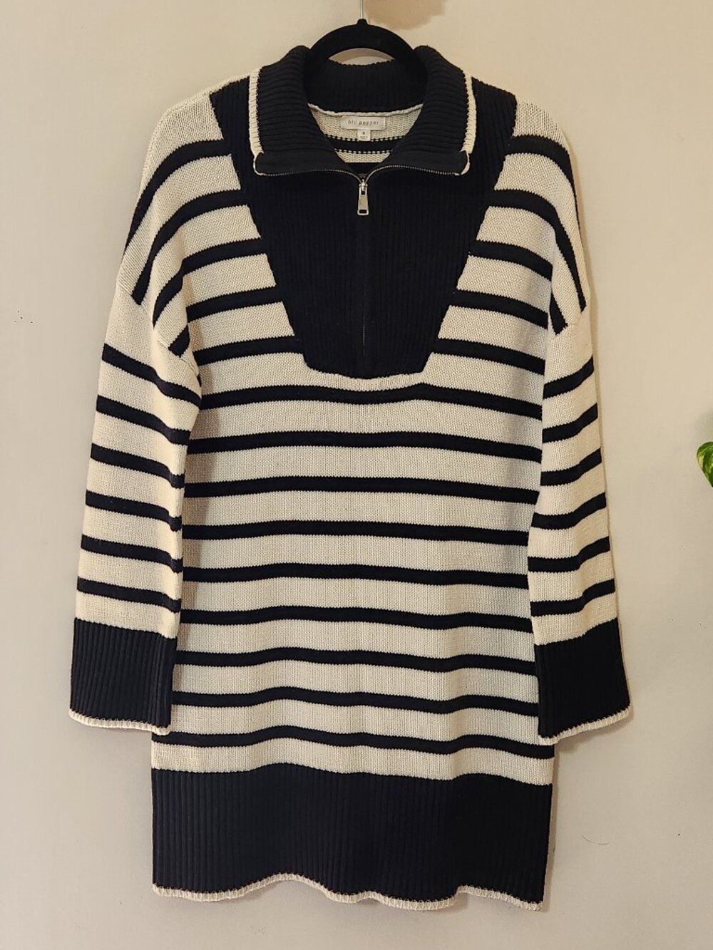 Blu Pepper Black & White Striped Collared Sweater Mini Dress. Size S